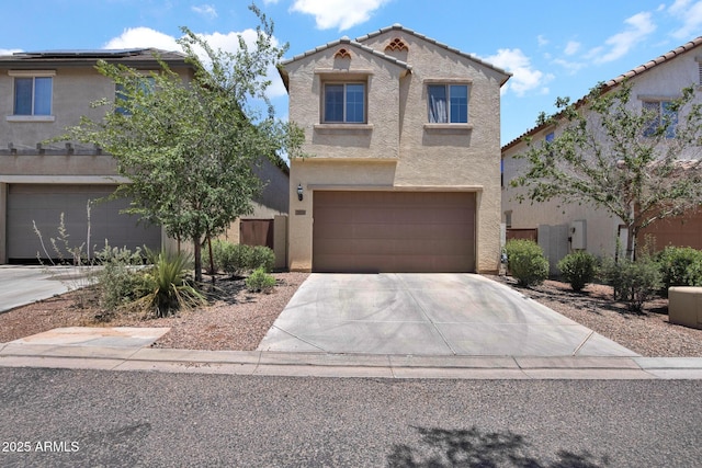 3036 N Acacia Way, Buckeye, AZ 85396 - traditional-style home with stucco siding, a garage, concrete driveway, solar panels, and a tiled roof