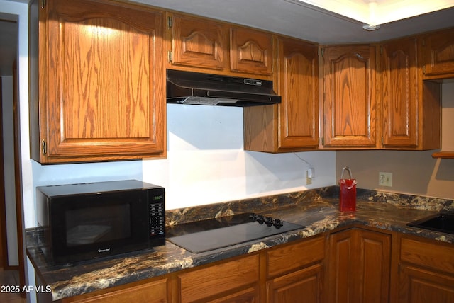 kitchen with black appliances, sink, and dark stone counters