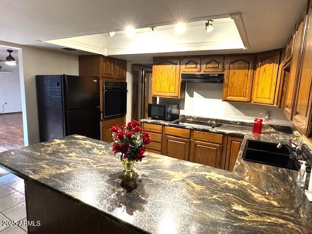 kitchen featuring sink, a tray ceiling, dark stone countertops, and black appliances