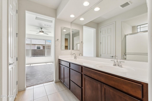 22987 E Pummelos Rd, Queen Creek, AZ 85142 - full bath featuring tile patterned floors, ceiling fan, a sink, and visible vents
