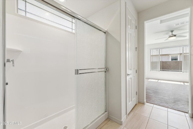 22987 E Pummelos Rd, Queen Creek, AZ 85142 - bathroom featuring a shower stall, tile patterned flooring, visible vents, and a ceiling fan