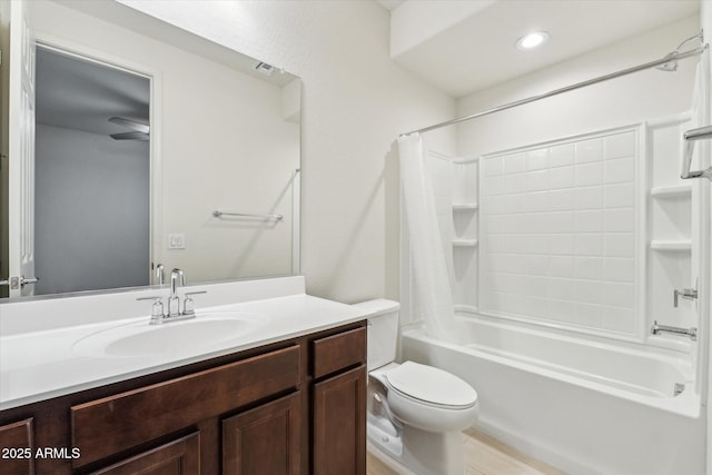 22987 E Pummelos Rd, Queen Creek, AZ 85142 - full bathroom featuring shower / bath combination with curtain, vanity, visible vents, recessed lighting, and toilet