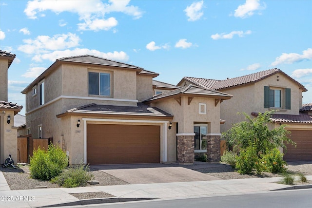 22987 E Pummelos Rd, Queen Creek, AZ 85142 - view of front of house featuring a tiled roof, an attached garage, stone siding, stucco siding, and driveway
