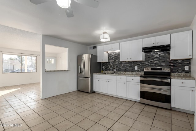 kitchen featuring sink, light tile patterned flooring, white cabinets, and appliances with stainless steel finishes