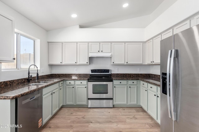 kitchen with light wood-style flooring, under cabinet range hood, a sink, lofted ceiling, and stainless steel appliances