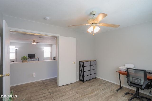 office featuring ceiling fan, plenty of natural light, and light hardwood / wood-style flooring