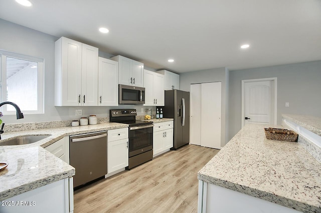 kitchen featuring sink, appliances with stainless steel finishes, white cabinetry, light stone countertops, and light wood-type flooring