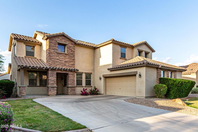 21472 E Saddle Ct, Queen Creek, AZ 85142 - mediterranean / spanish-style house featuring a tile roof, stucco siding, driveway, and stone siding