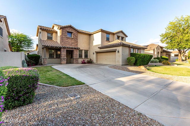21472 E Saddle Ct, Queen Creek, AZ 85142 - mediterranean / spanish house with stucco siding, a tile roof, stone siding, and concrete driveway