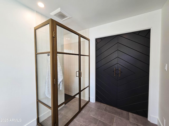 interior space featuring visible vents, tile patterned floors, french doors, a shower stall, and recessed lighting