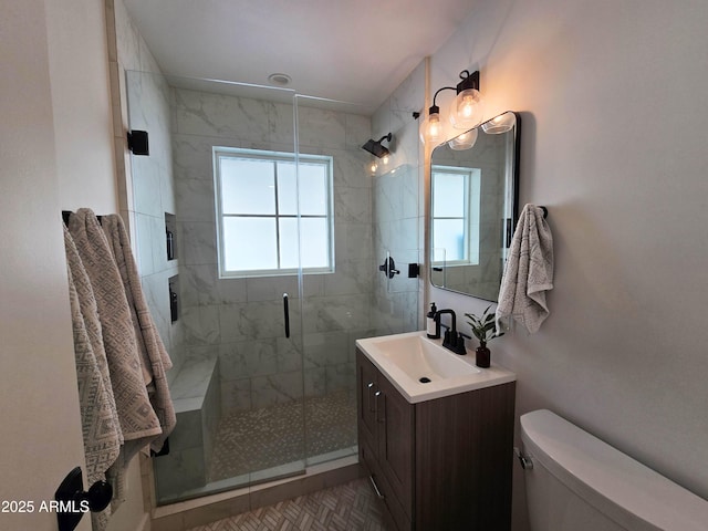 full bathroom featuring toilet, a shower stall, and vanity