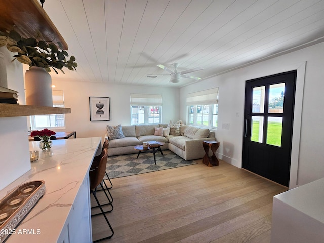 living room featuring light wood-type flooring and wood ceiling