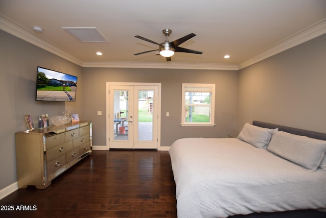 bedroom featuring access to outside, dark hardwood / wood-style floors, french doors, ceiling fan, and ornamental molding