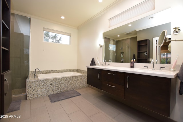 bathroom featuring vanity, tile patterned floors, ornamental molding, and plus walk in shower