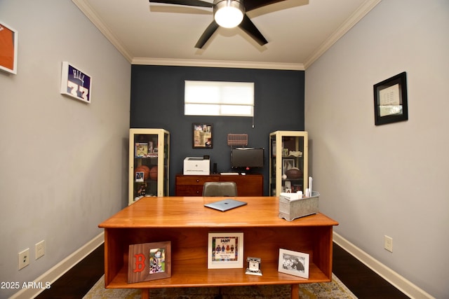 home office featuring ceiling fan, ornamental molding, and hardwood / wood-style flooring