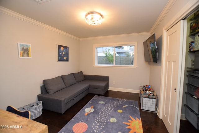 living room with crown molding and dark hardwood / wood-style floors