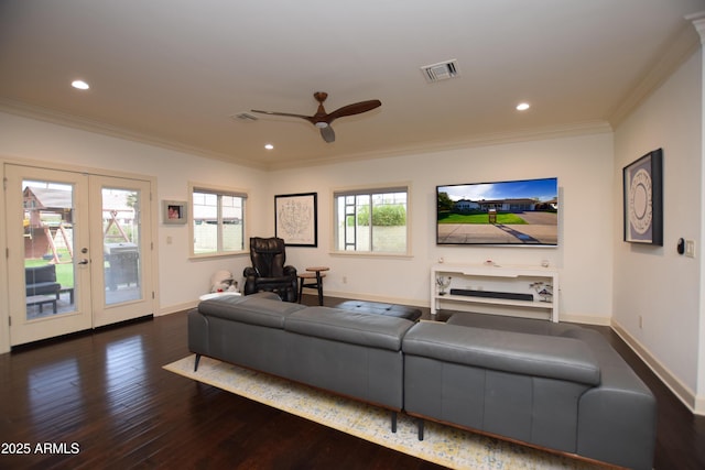 living room featuring ceiling fan, french doors, crown molding, and wood-type flooring