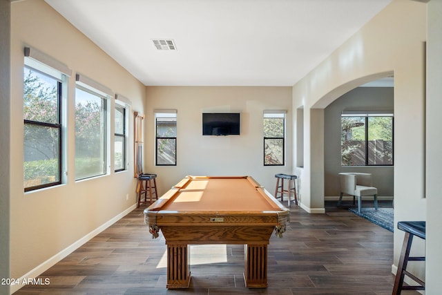 rec room with dark hardwood / wood-style floors and pool table