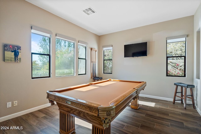 game room with dark hardwood / wood-style flooring and billiards