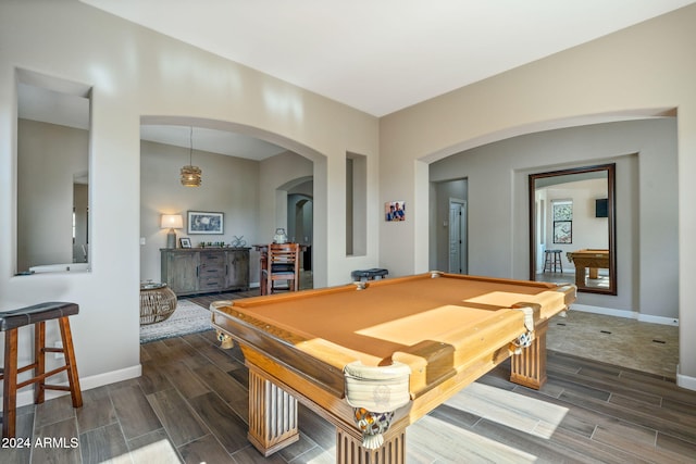 rec room with dark hardwood / wood-style floors and billiards