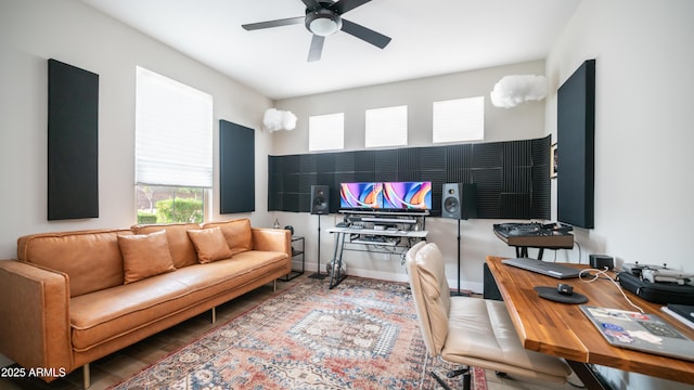 living room featuring ceiling fan