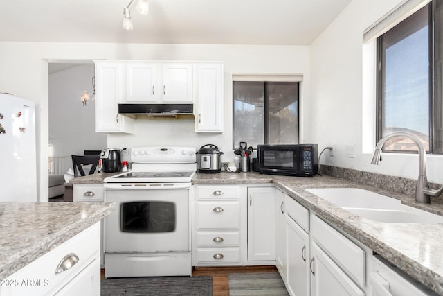 kitchen featuring sink, light stone counters, dark hardwood / wood-style flooring, white appliances, and white cabinets