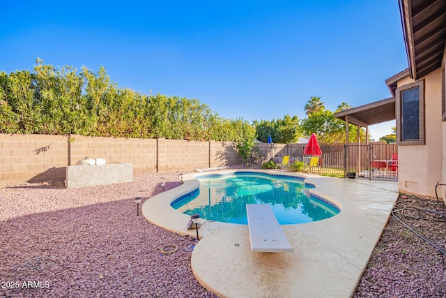 view of pool featuring a diving board and a patio area