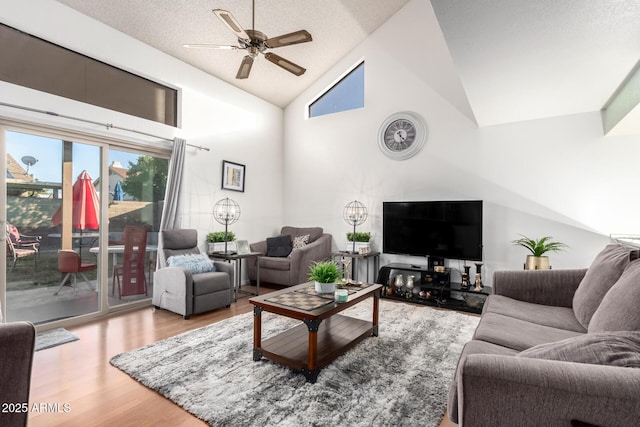 living room with ceiling fan, high vaulted ceiling, a textured ceiling, and light hardwood / wood-style floors