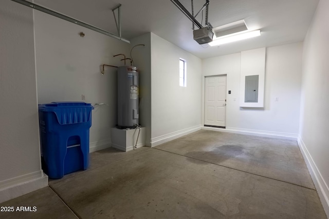 garage featuring electric panel, a garage door opener, baseboards, and electric water heater