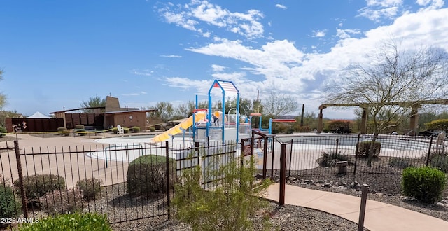 community jungle gym with fence