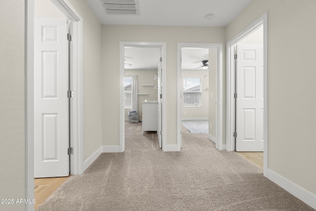 hall featuring carpet flooring and baseboards
