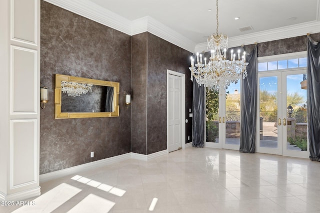 interior space featuring crown molding, light tile patterned flooring, an inviting chandelier, and french doors