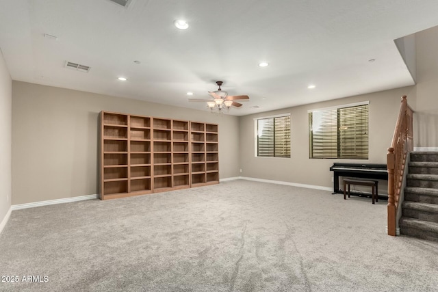 sitting room with recessed lighting, visible vents, baseboards, stairway, and carpet