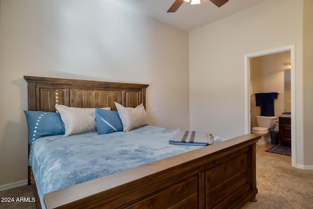 carpeted bedroom featuring ceiling fan and connected bathroom