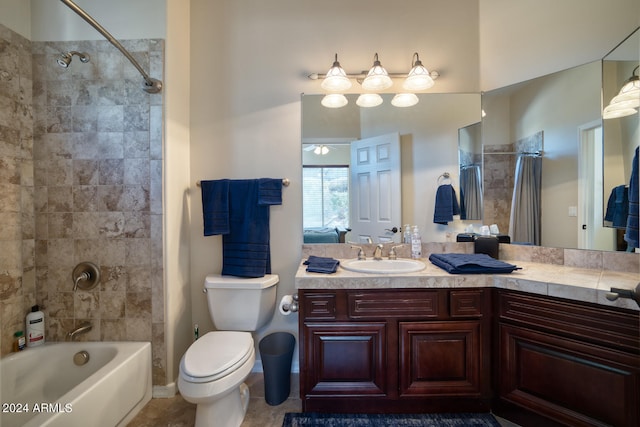 full bathroom featuring vanity, toilet, shower / bathtub combination with curtain, and tile patterned floors