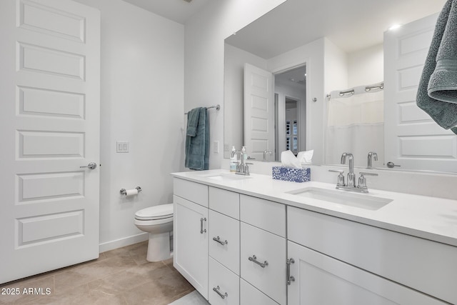 bathroom with walk in shower, vanity, and toilet