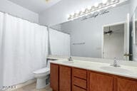 bathroom with vanity, ceiling fan, and toilet