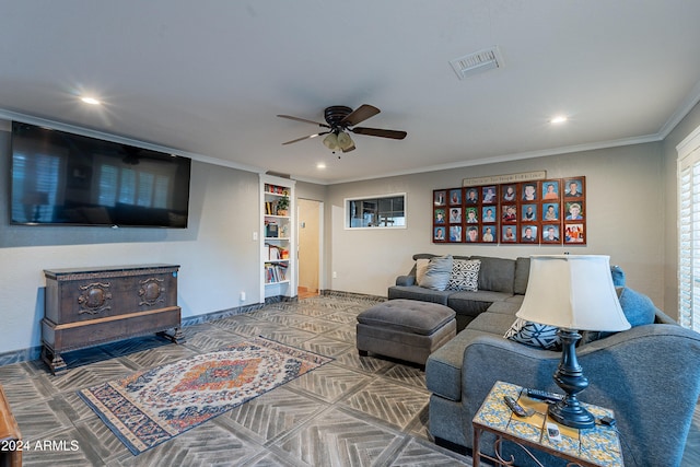 living area featuring visible vents, recessed lighting, crown molding, and a ceiling fan