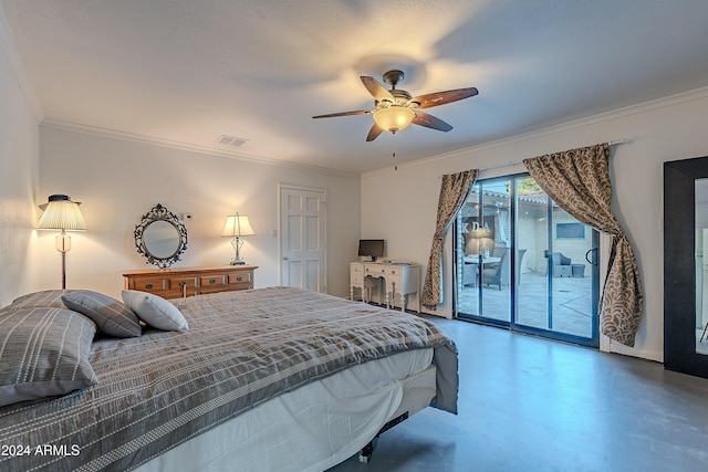 bedroom with a ceiling fan, visible vents, finished concrete floors, ornamental molding, and access to exterior