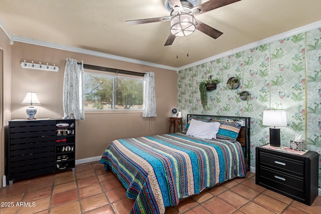 tiled bedroom with crown molding, a ceiling fan, and baseboards