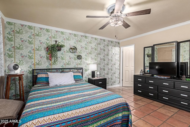 bedroom featuring crown molding, a ceiling fan, baseboards, and light tile patterned floors