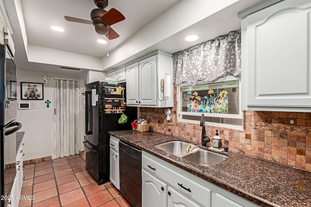 kitchen with a sink, a ceiling fan, black appliances, and white cabinetry