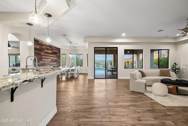 living area featuring a ceiling fan, baseboards, and wood finished floors