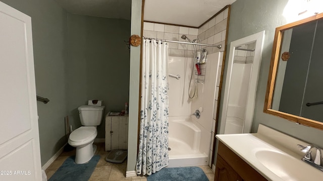 bathroom featuring vanity, a shower with curtain, tile patterned floors, and toilet