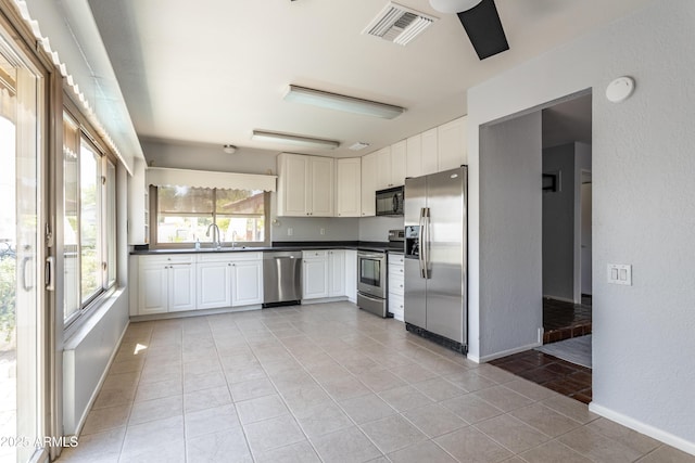 kitchen featuring visible vents, dark countertops, a sink, white cabinets, and stainless steel appliances