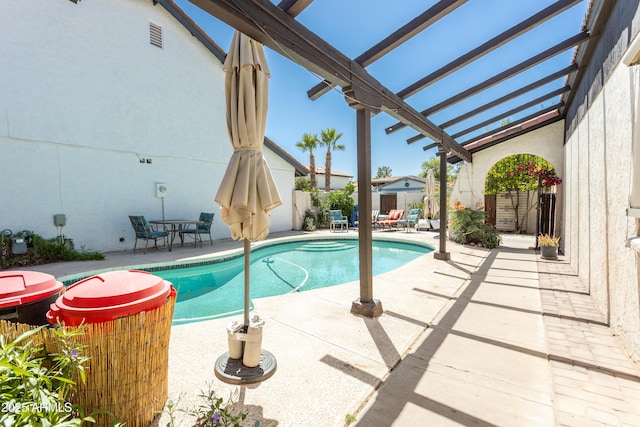 view of swimming pool with a patio, a fenced backyard, a pergola, and a fenced in pool