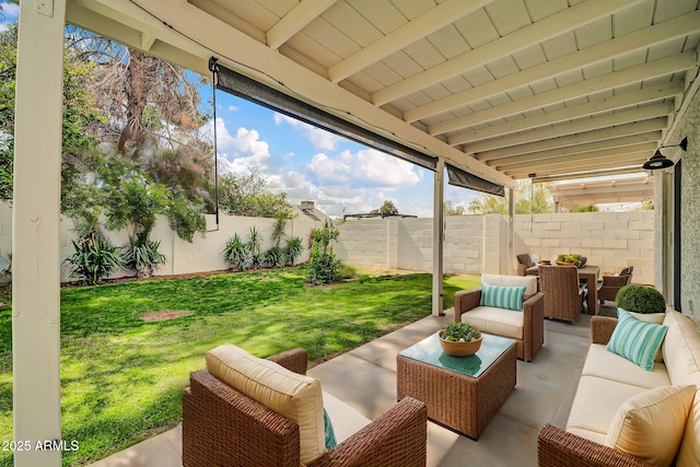 view of patio featuring an outdoor hangout area and a fenced backyard