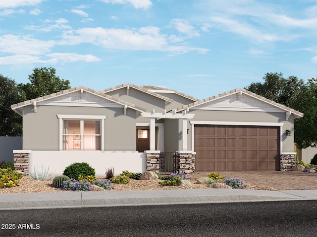 17646 W Mariposa Dr, Goodyear, AZ 85395 - craftsman-style home featuring a garage, driveway, stone siding, and stucco siding