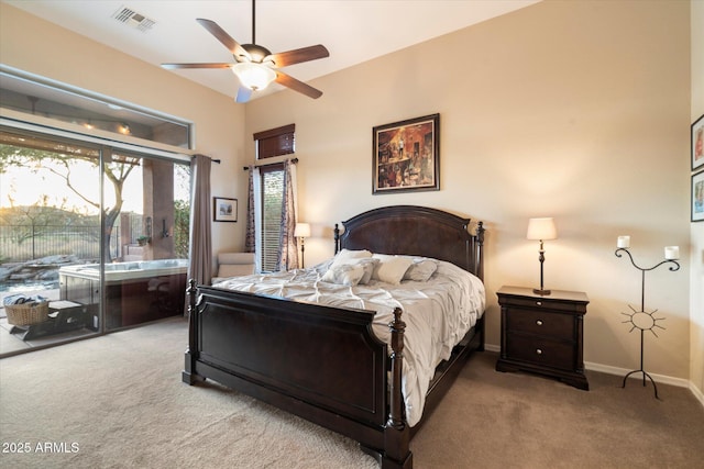 bedroom with ceiling fan, light colored carpet, and access to exterior