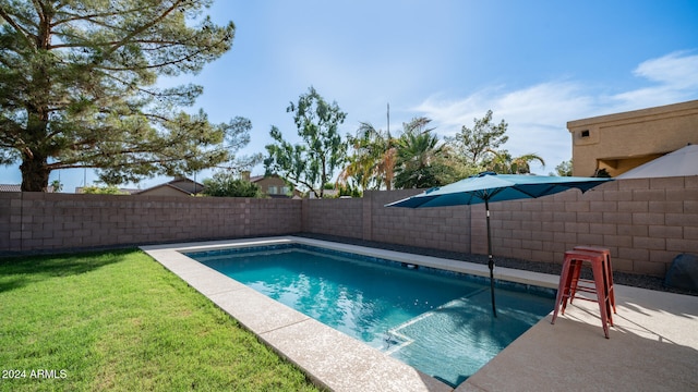 view of swimming pool with a yard